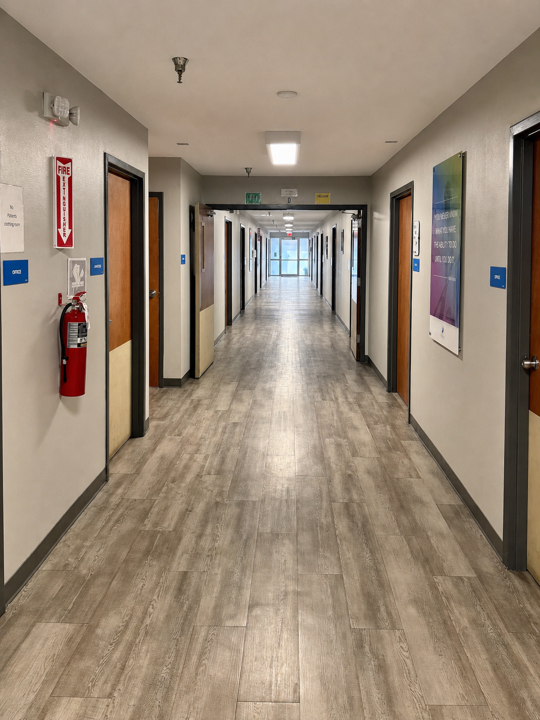 A bright, quiet resident-wing corridor at Hickory Grove Recovery in Morrilton, Arkansas, leading toward daylight at the far end.