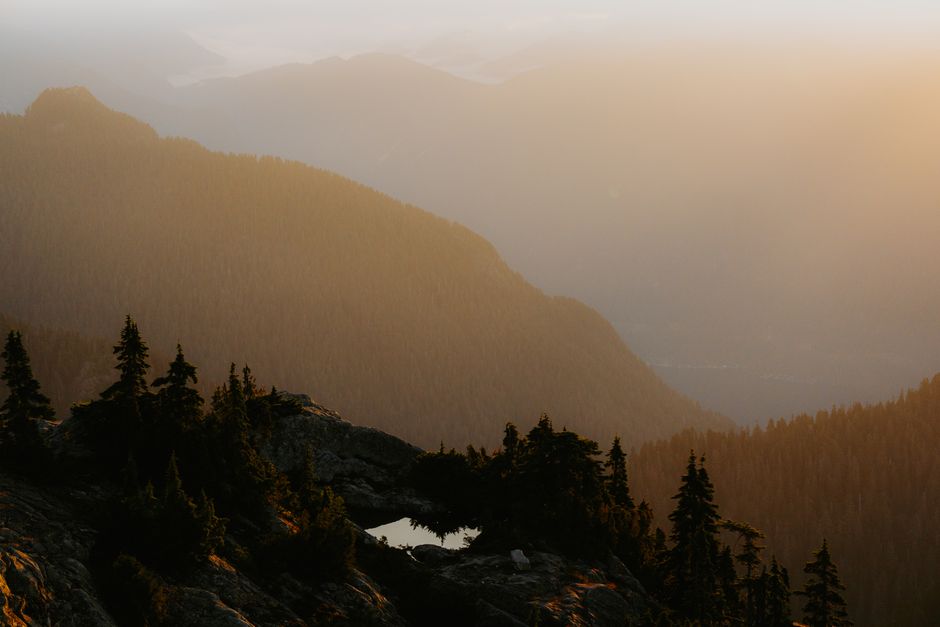 Tranquil mountain view with misty valleys and evergreen trees at sunset, capturing nature's beauty.